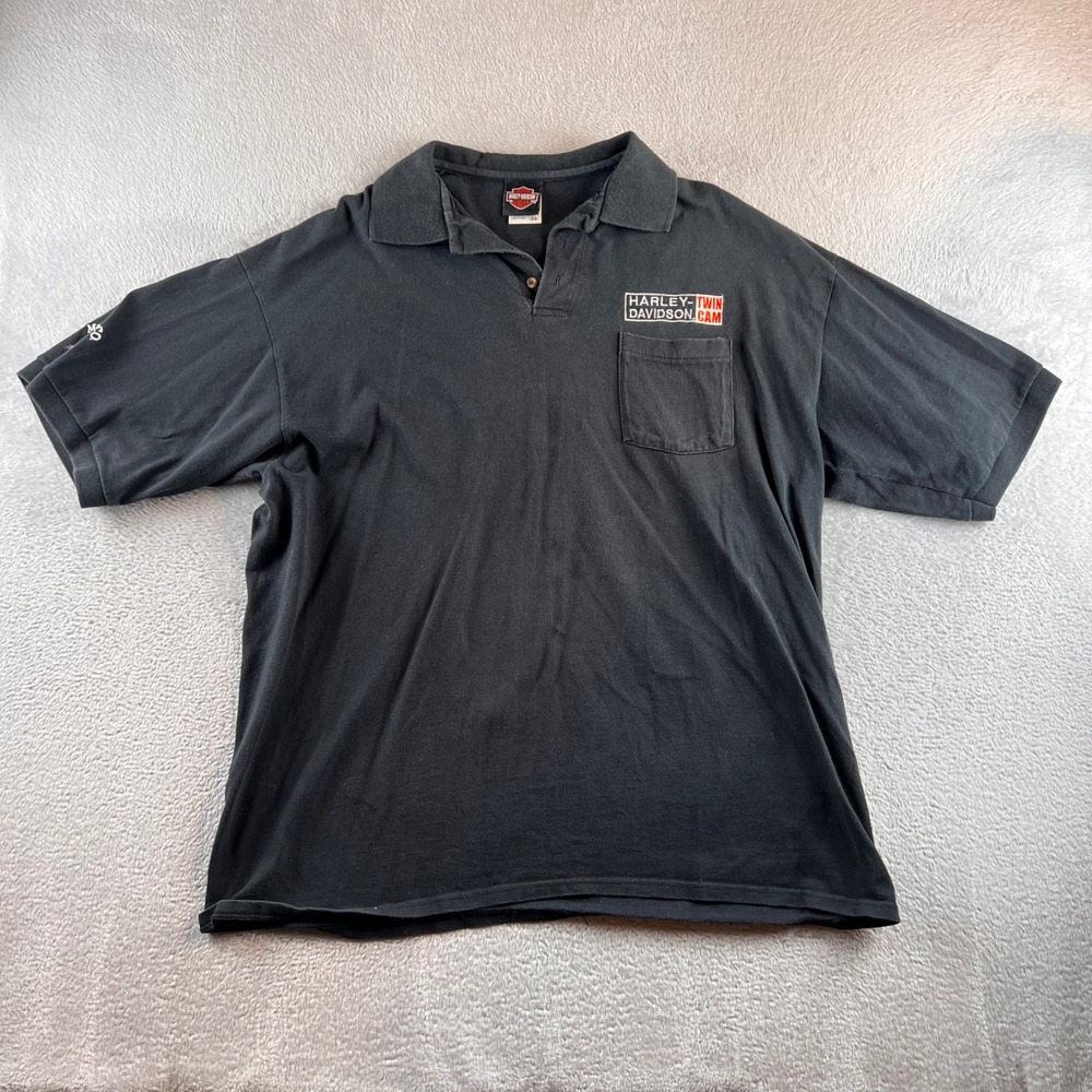Harley Davidson Twin Cam Polo Shirt Mens 2XL Black Cotton Pocket Milwaukee WI